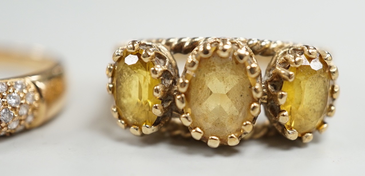 A modern 9ct gold and three stone citrine ring, size Q, gross weight 4.7 grams and a modern 18ct gold and pave set diamond chip ring (stone missing), gross weight 2.8 grams.
